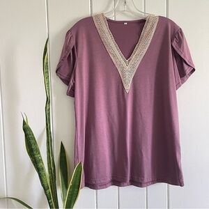 $10 SALE Layered Short Sleeve Top Purple Embellished V-Neck NWOT Stretch